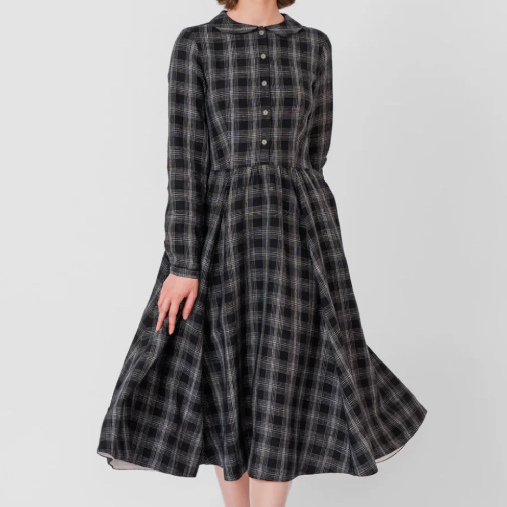 SON DE FLOR TARTAN PLAID LINEN MIDI DRESS - L - READ INFO